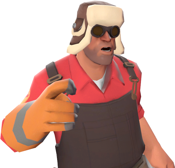 Tf2 桌布 壁紙 — 一個卡通風格的建築工人，身穿紅色襯衫和工裝褲，帶著驚訝的表情向前指。