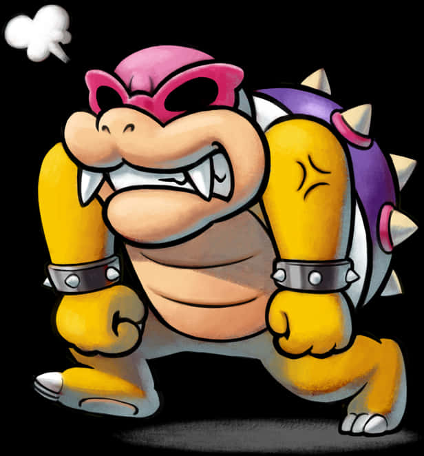 bowser 桌布 壁紙 — 一個卡通風格的憤怒烏龜角色，帶有尖刺殼和緊握的拳頭，站在黑色背景前。
