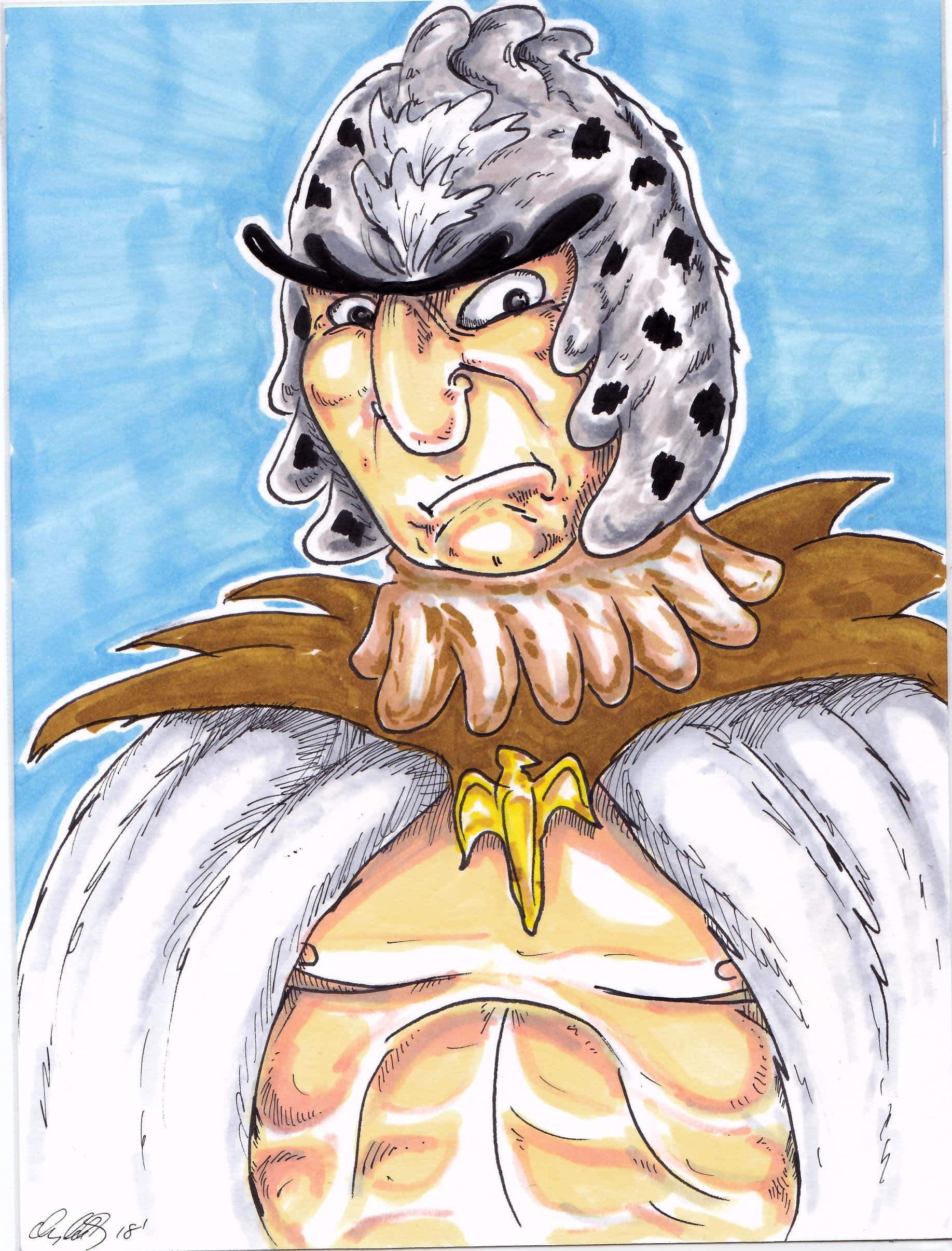 Birdperson 桌布 壁紙 — 一個卡通風格的戰士，戴著斑點頭盔和白色毛皮披風，在明亮的藍天下兇狠地凝視。