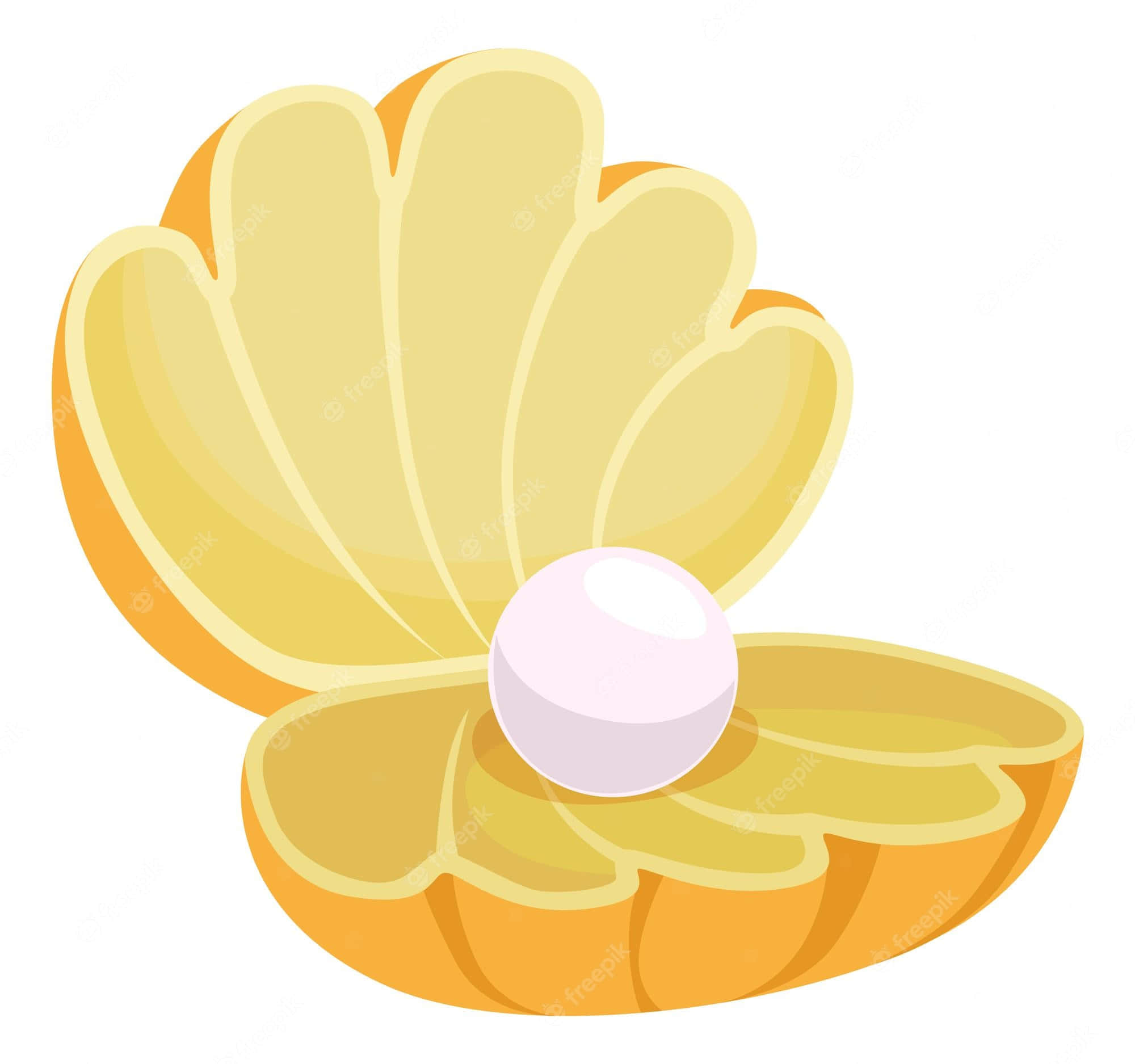 Clam Shell 桌布 壁紙 — 一個卡通風格的打開貝殼，內有一顆發光的珍珠，置於純白背景上。