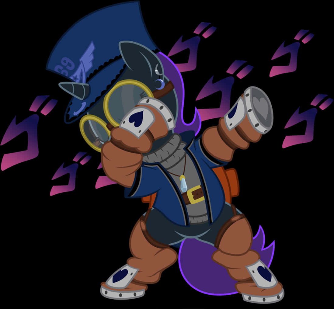 Jojo Menacing 桌布 壁紙 — 一個卡通風格的擬人角色，戴著藍色高帽和護目鏡，在黑色背景上揮舞武器，伴隨紫色能量爆發。