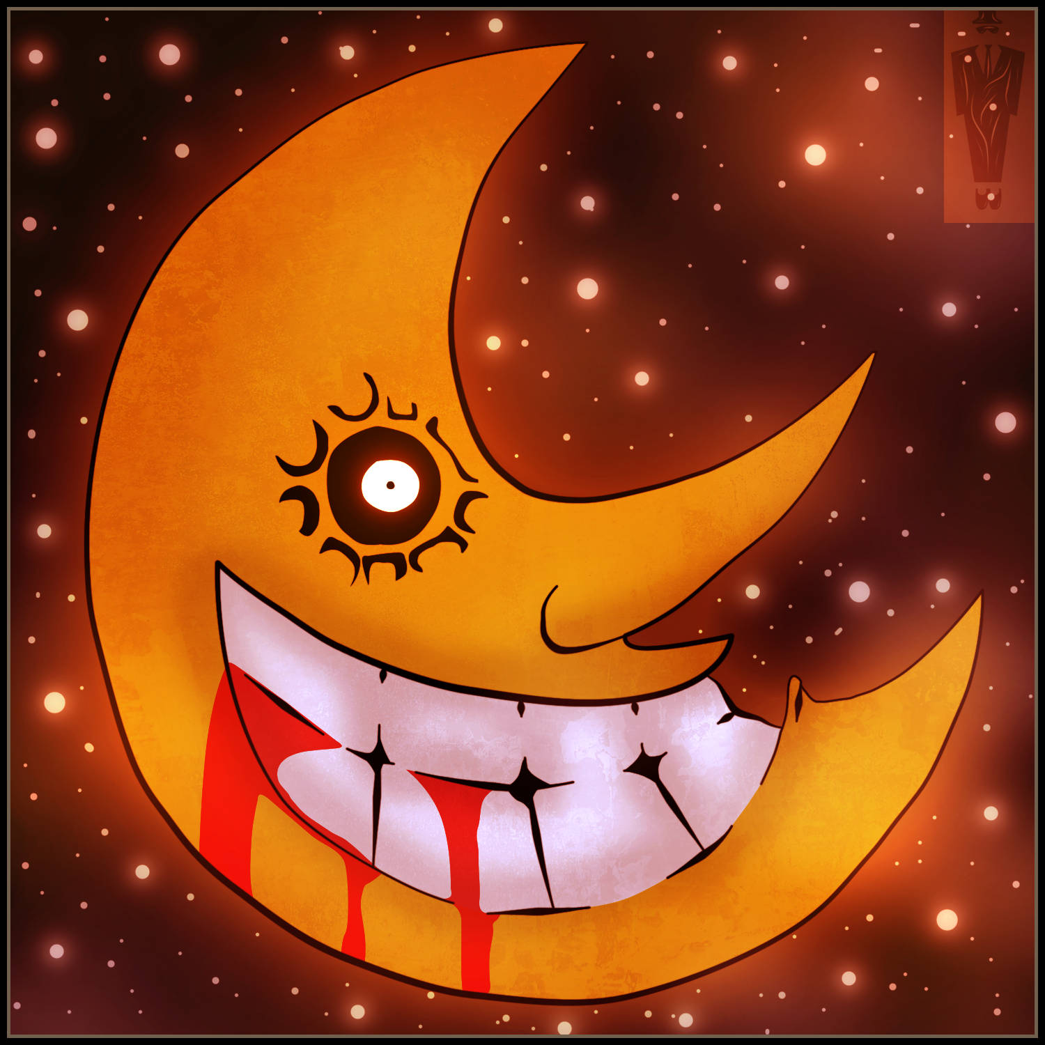soul eater moon 桌布 壁紙 — 一個卡通風格的新月，只有一隻眼睛，在佈滿星星的夜空下，它的咧嘴笑容滴著血。
