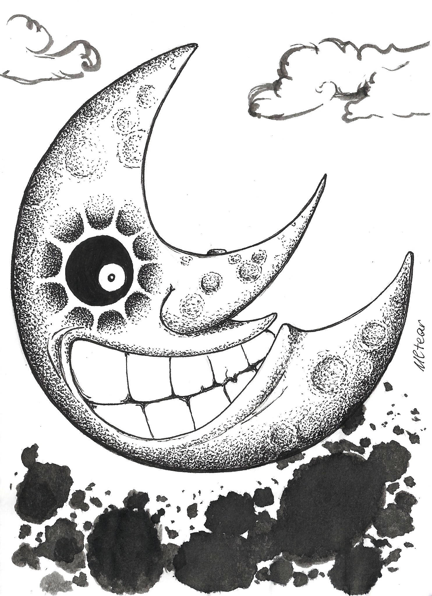 soul eater moon 桌布 壁紙 — 一個卡通風格的新月，帶著寬闊的露齒笑容和單隻眼睛，漂浮在墨水飛濺和雲朵之上。