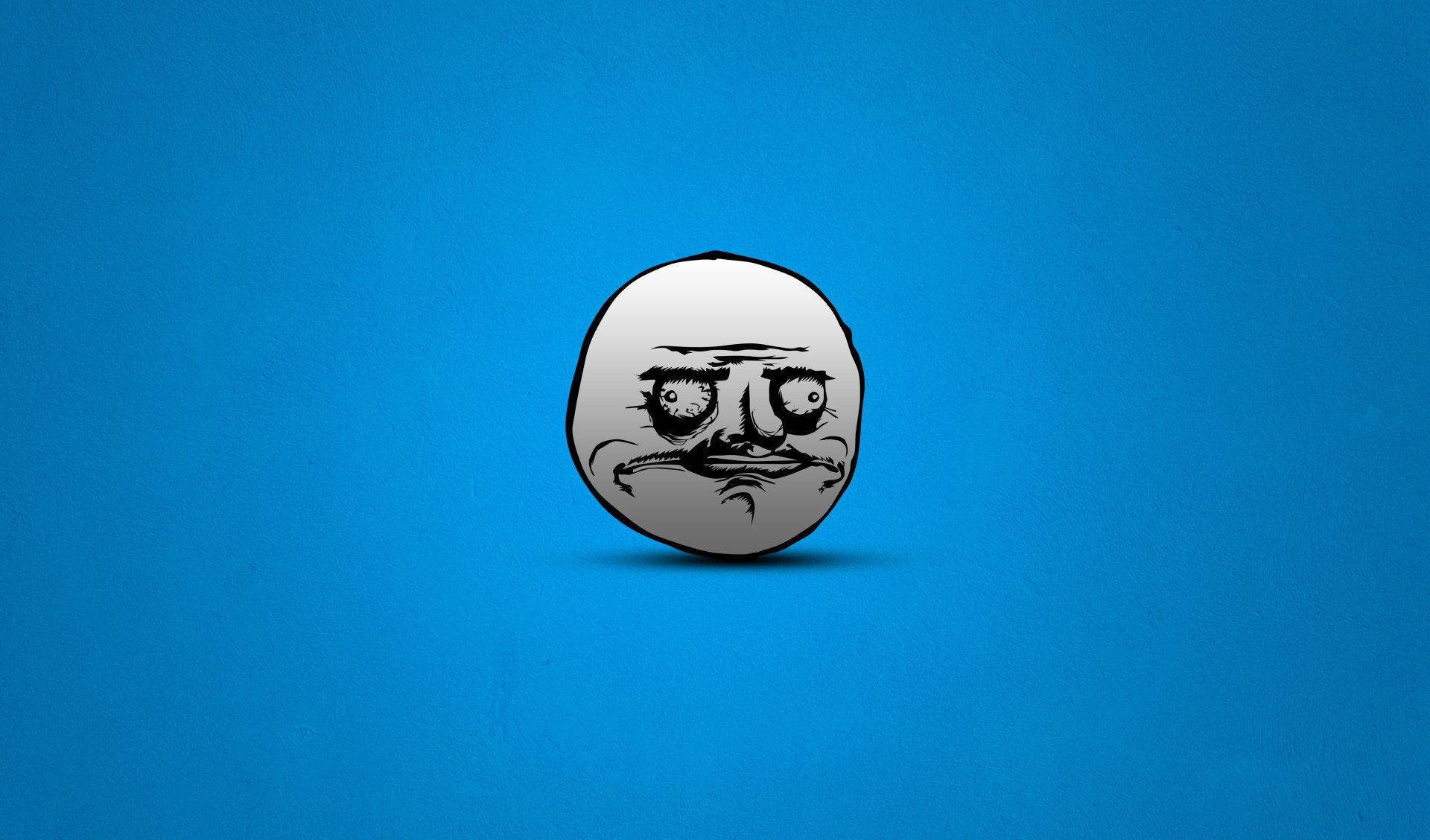 Troll Face 桌布 壁紙 — 一個卡通風格的暴躁面孔，眉頭緊鎖，面露不悅，漂浮在純藍色背景上。