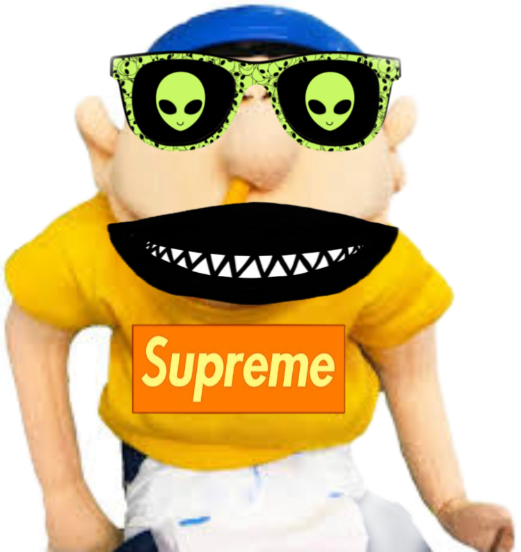 Jeffy 桌布 壁紙 — 一個卡通風格的木偶，戴著外星人太陽眼鏡和Supreme襯衫，擺出一個露出牙齒的燦爛笑容。