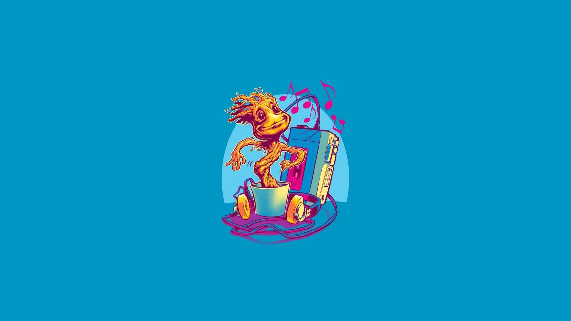 Baby Groot 桌布 壁紙 — 一個卡通風格的格魯特角色在一個音響上快樂地跳舞，周圍漂浮著音符，背景是純青色。