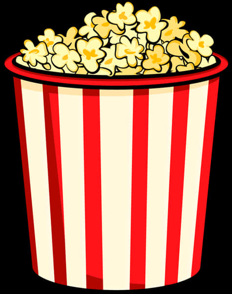 Popcorn Clipart 桌布 壁紙 — 一個卡通風格的桶子，裝滿了金色的爆米花，背景是黑色的。