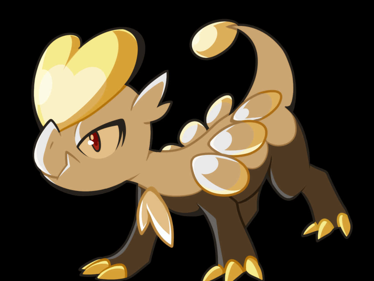 Pokemon Aesthetic 桌布 壁紙 — 一個卡通風格的棕色和金色龍形生物，有心形角和紅色眼睛，在黑色背景上警覺地站立。