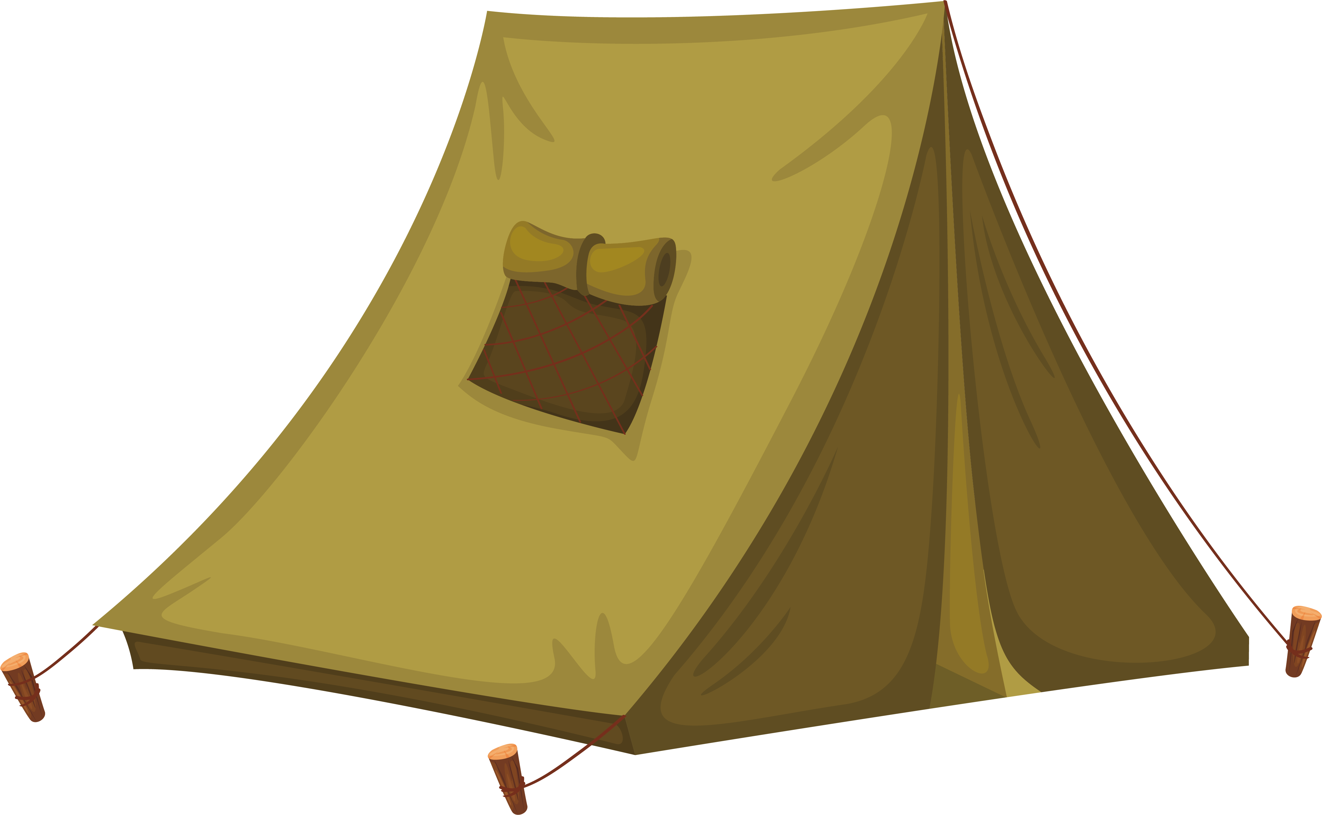 Tent 桌布 壁紙 — 一個卡通風格的橄欖綠色露營帳篷，帶有捲起的窗簾和木樁，背景為白色。