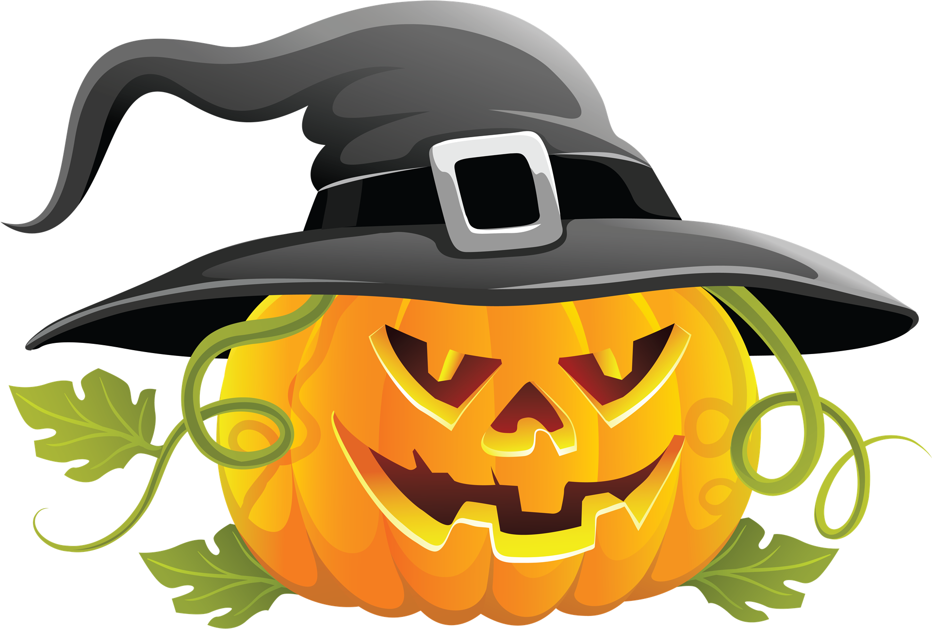 Pumpkin Halloween 桌布 壁紙 — 一個卡通風格的橙色傑克南瓜燈，帶著邪惡的笑容，在黑暗背景中戴著黑色女巫帽。