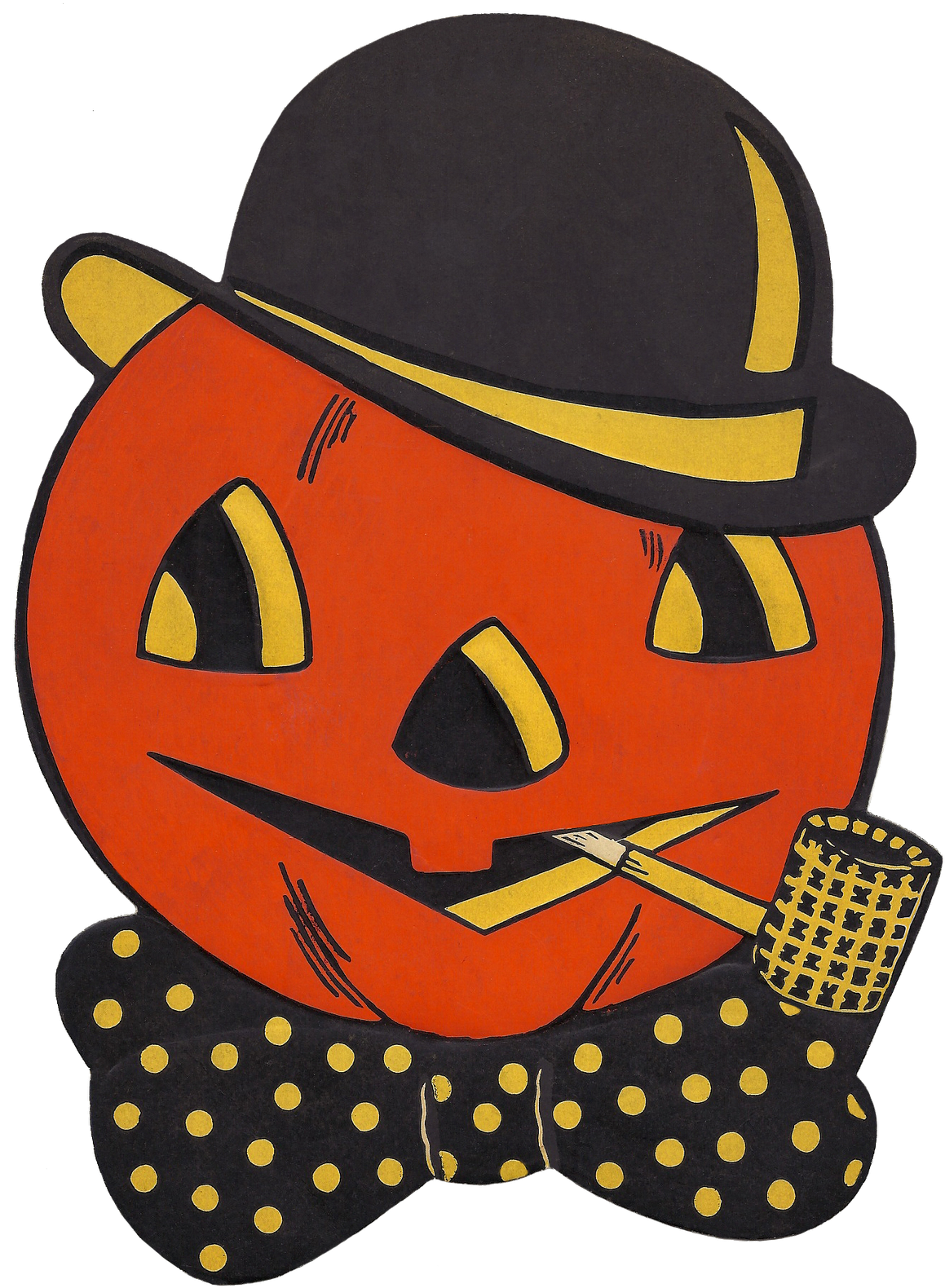 Halloween 桌布 壁紙 — 一個卡通風格的橙色傑克南瓜燈，戴著黑色圓頂禮帽和波點領結，面帶愉快笑容抽著煙斗。