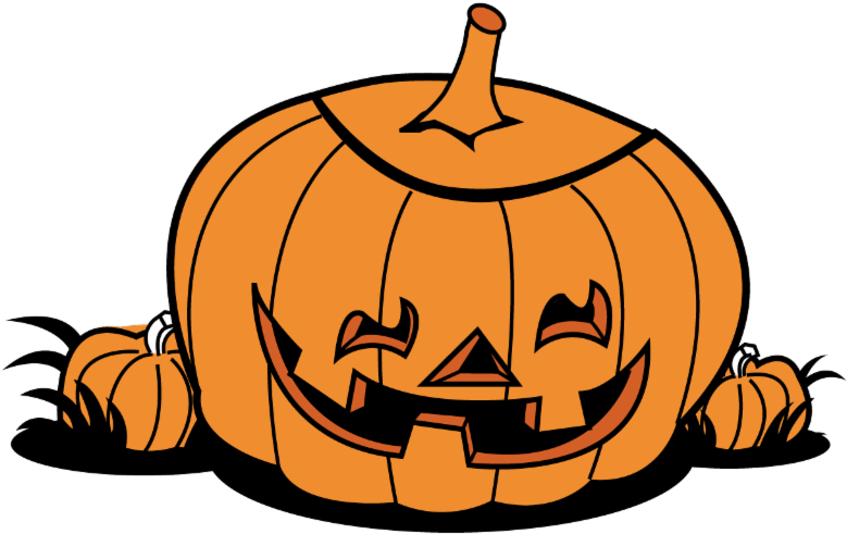 Pumpkin Halloween 桌布 壁紙 — 一個卡通風格的橙色南瓜燈，帶著頑皮的笑容和鋸齒狀的牙齒，背景為黑色。