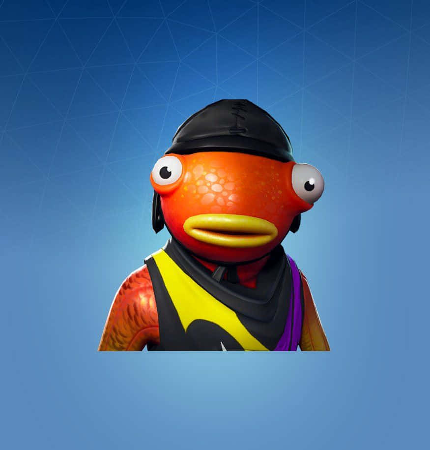 Fortnite 造型 桌布 壁紙 — 一個卡通風格的橙色魚角色，有大眼睛和黑色帽子，站在帶有幾何線條的藍色漸變背景前。