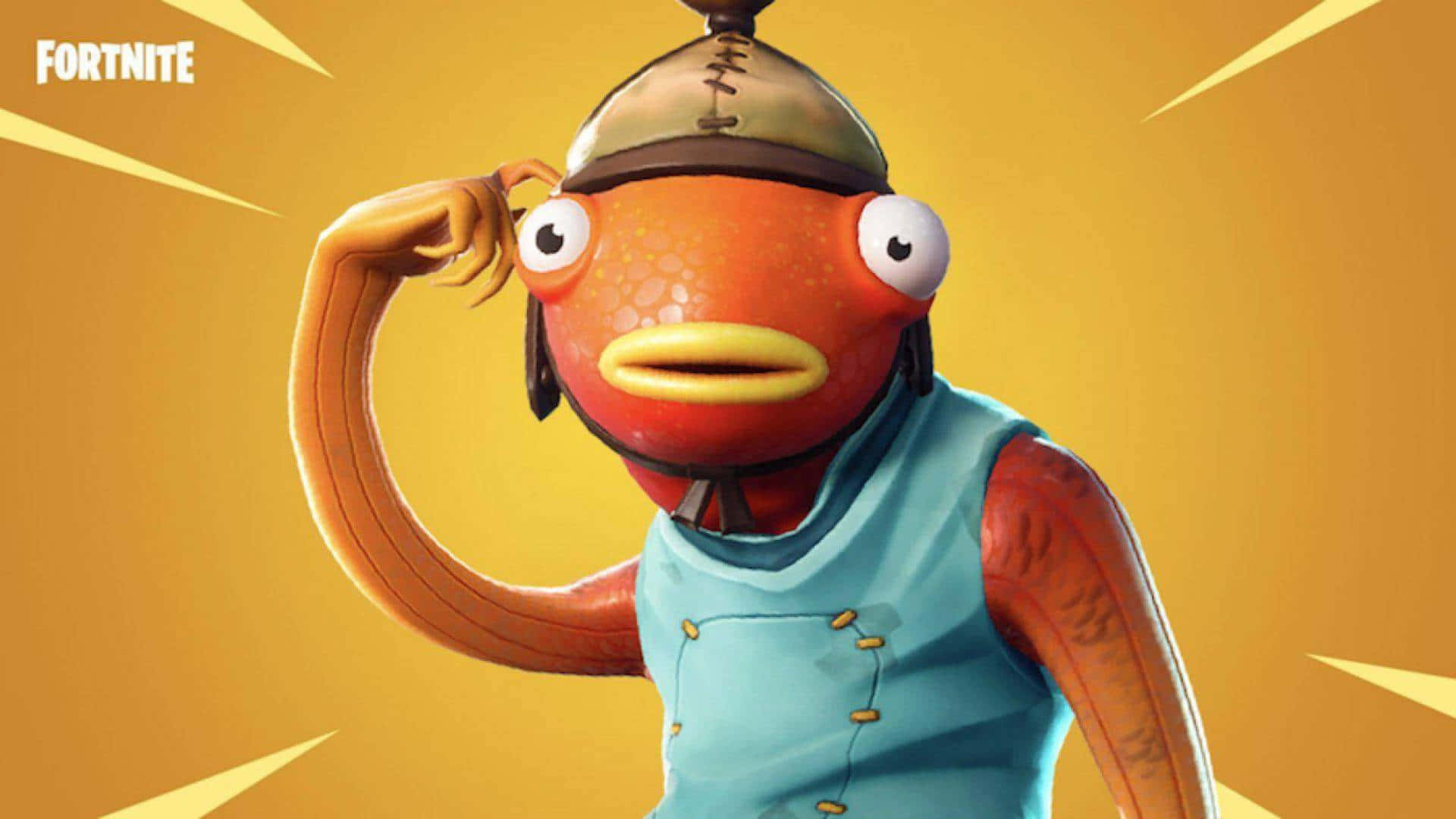 Fortnite Fishstick 桌布 壁紙 — 一個卡通風格的橙色魚角色，穿著藍色背心和頭盔，在耀眼的黃色背景前彎曲手臂。