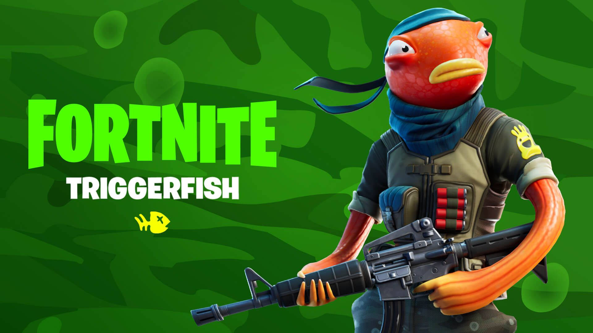 Fishstick 桌布 壁紙 — 一個卡通風格的橙色魚角色穿著戰術裝備，在綠色迷彩背景上拿著步槍，並帶有「FORTNITE TRIGGERFISH」文字。