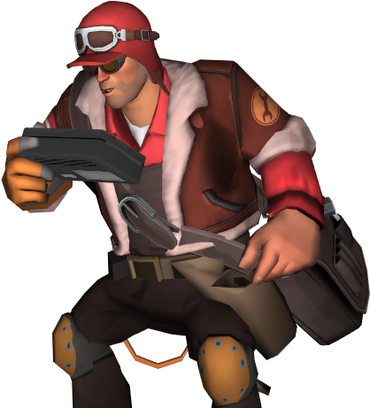 Tf2 桌布 壁紙 — 一個卡通風格的機械師，身穿紅色裝備和護目鏡，蹲在黑色背景前手持工具。