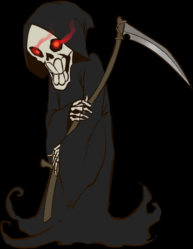 Scythe 桌布 壁紙 — 一個卡通風格的死神，有著發光的紅眼睛和一把鐮刀，站在黑色背景前。
