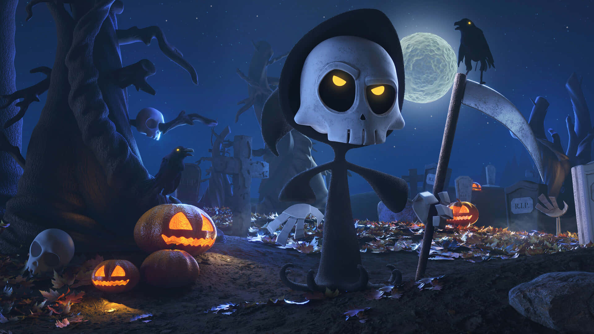 Spooky Halloween 桌布 壁紙 — 一個卡通風格的死神，有著發光的黃色眼睛，站在滿月下一個陰森的墓地裡，周圍是南瓜燈和烏鴉。