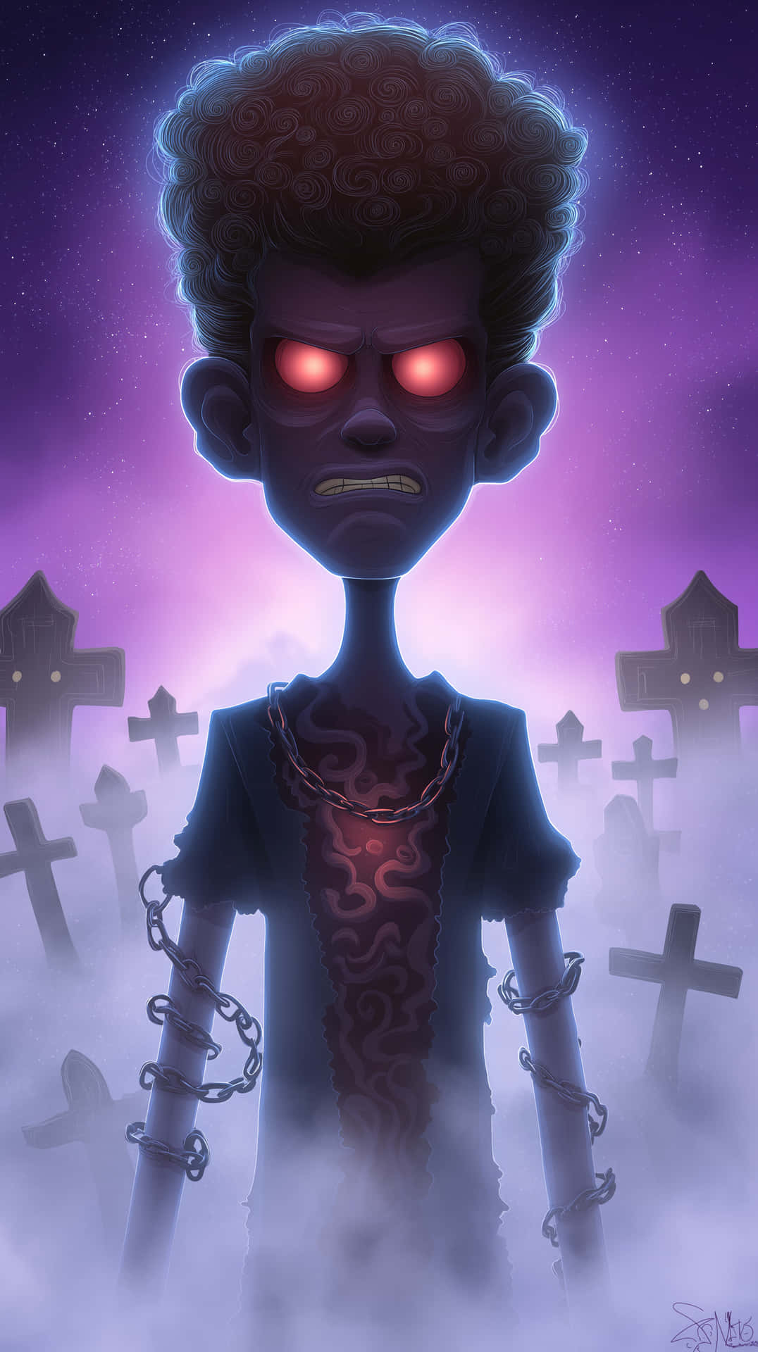 Zombie-like Boy with Chains and Glowing Eyes in Graveyard 壁紙 — 一個卡通風格的殭屍，有著發光的紅色眼睛和鎖鏈，站在迷霧籠罩的墓地中，背景是紫色的星空。