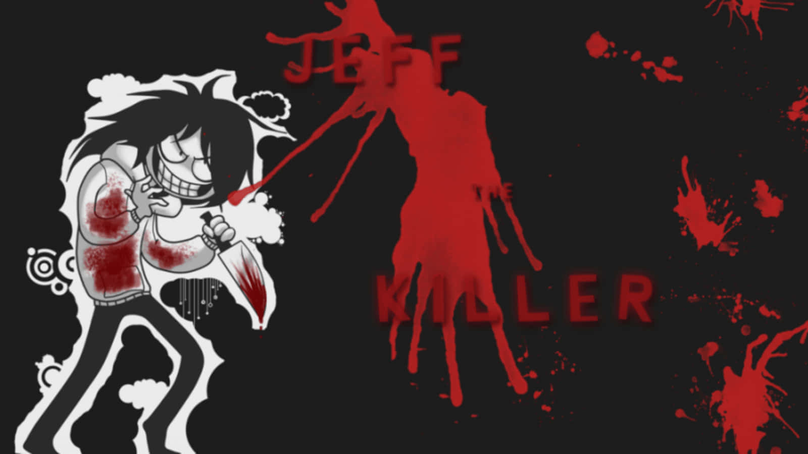 Jeff The Killer 桌布 壁紙 — 一個卡通風格的殺手，手持刀和血跡，在黑色背景上形成紅色字樣「JEFF THE KILLER」。