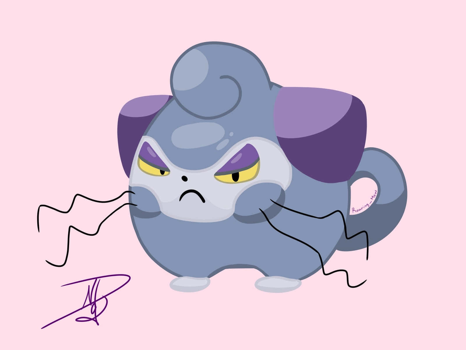 Pokemon 桌布 壁紙 — 一個卡通風格的灰色和紫色寶可夢，帶有憤怒的黃色眼睛和周圍的鋸齒狀黑色線條，站在柔和的粉紅色背景前。