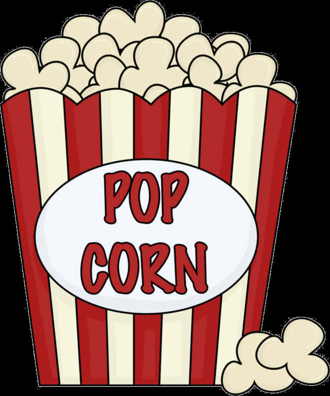 Popcorn Clipart 桌布 壁紙 — 一個卡通風格的爆米花桶，紅白條紋，裝滿了蓬鬆的爆米花粒。