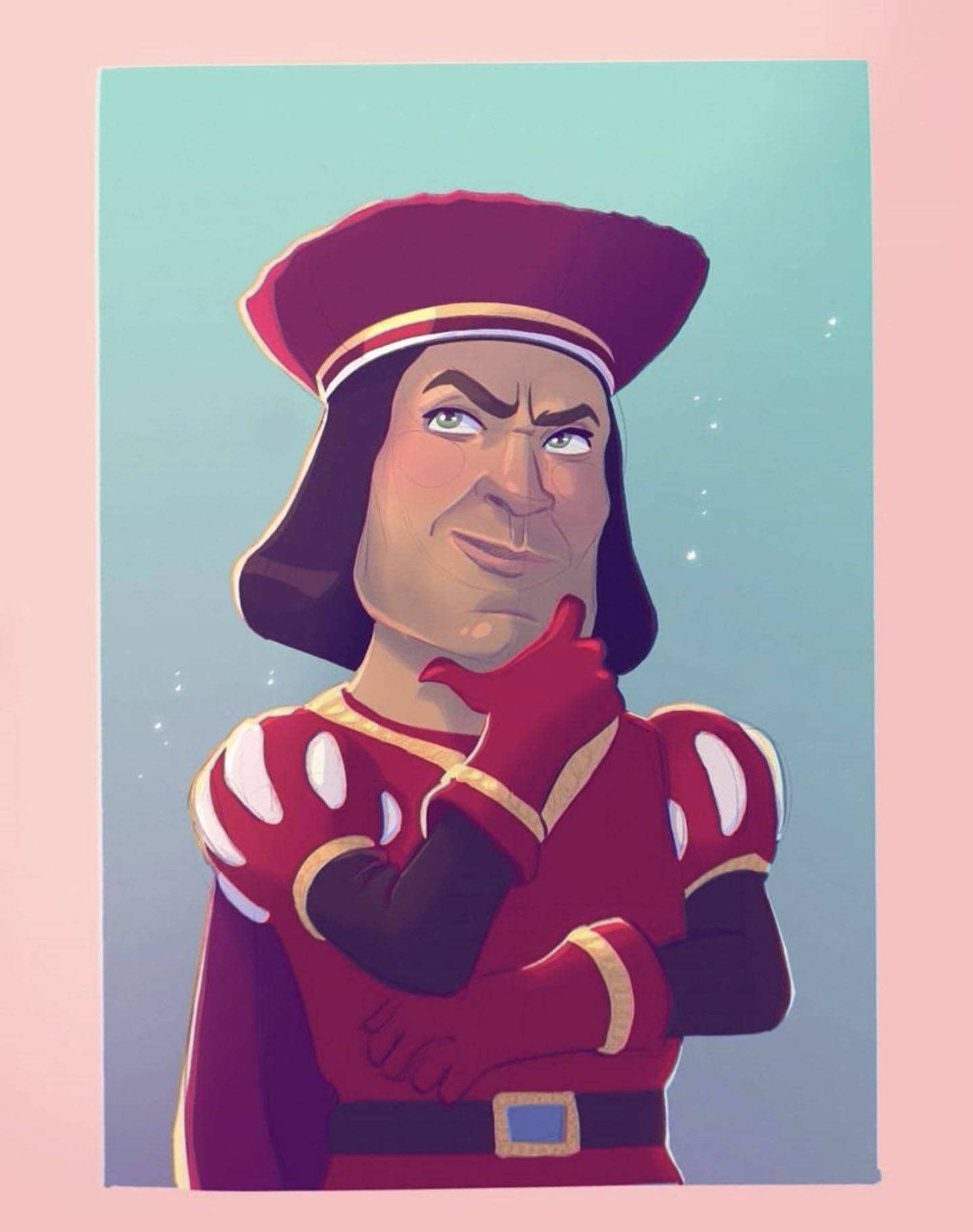 Lord Farquaad 桌布 壁紙 — 一個卡通風格的男人，戴著紅色帽子和穿著紅色衣服，在柔和的漸變背景前指著下巴露出得意的笑容。