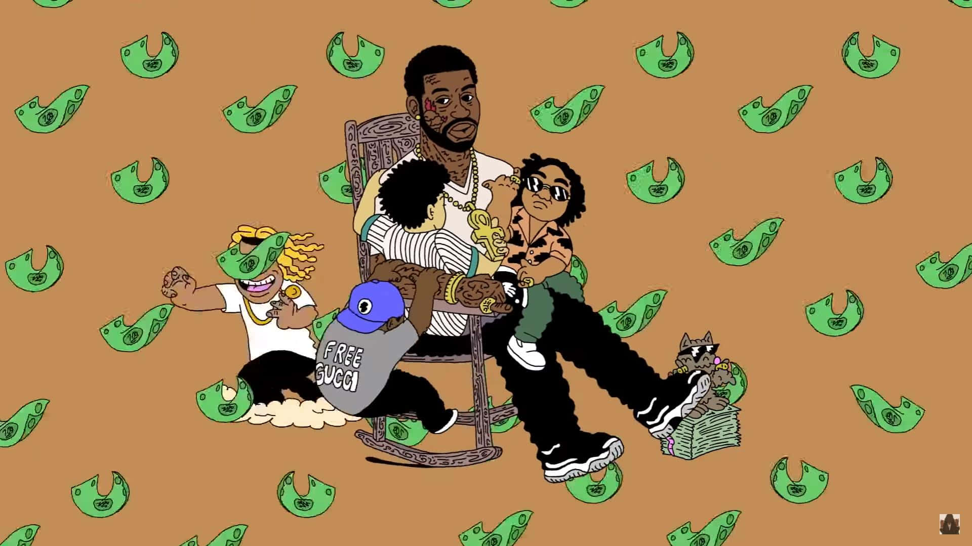 一個卡通家庭，金錢在他們周圍漂浮。 — Gucci GIF 壁紙