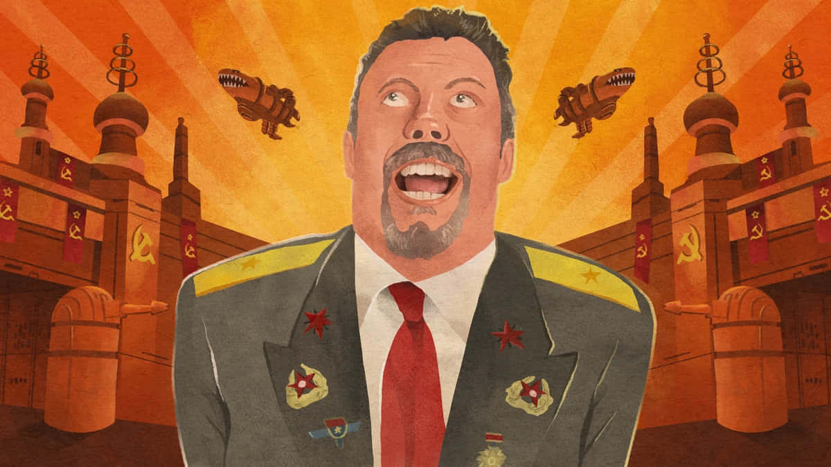 Tim Curry 桌布 壁紙 — 一個卡通風格的男人穿著軍裝，繫著紅色領帶，別著星星胸針，站在蘇聯式建築前，天空是火熱的橙色，有飛行的機械野獸。