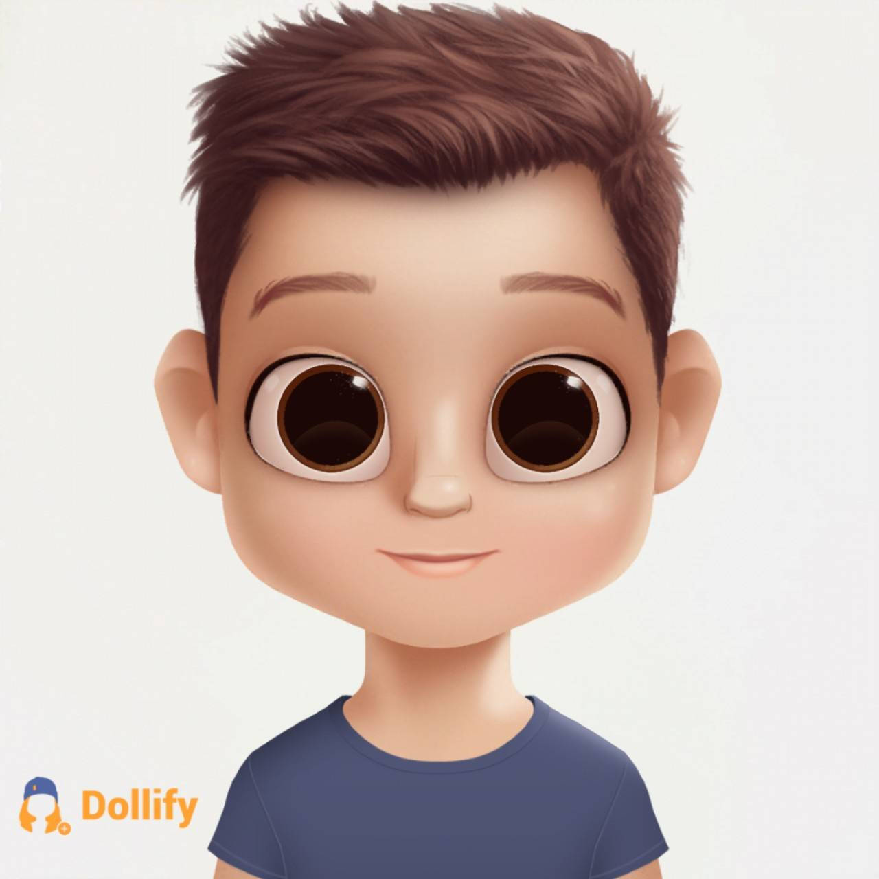 頭像 桌布 壁紙 — 一個卡通風格的男孩，有大大的棕色眼睛和短棕色頭髮，在純白色背景前輕輕微笑。