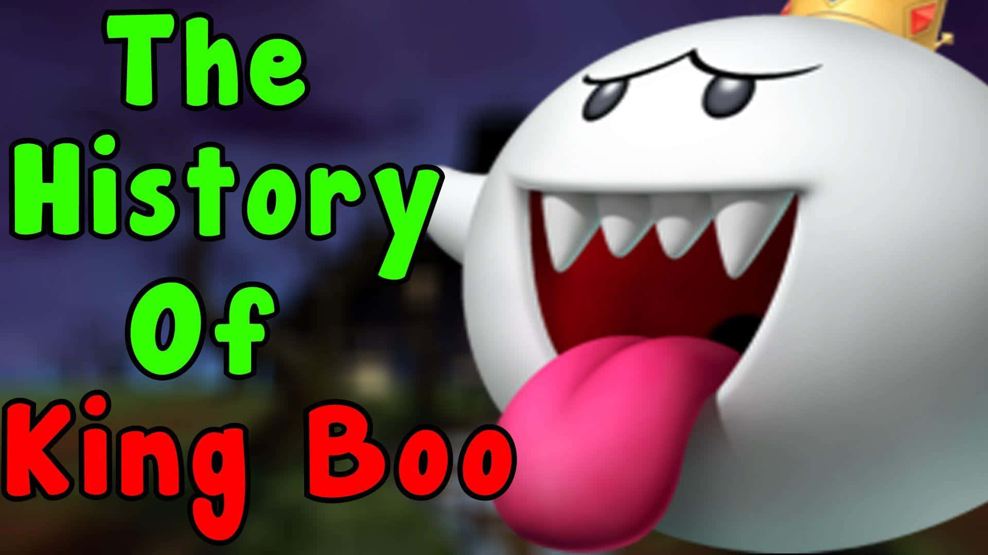 King Boo 桌布 壁紙 — 一個卡通風格的白幽靈戴著皇冠伸出粉紅色的舌頭，文字寫著「The History Of King Boo」。