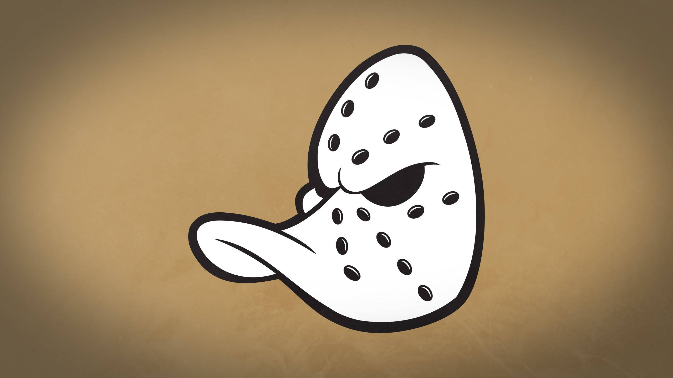 ducks 桌布 壁紙 — 一個卡通風格的白色曲棍球面具，上面有黑色點點和一個嘲笑的笑容，背景是有紋理的棕色。