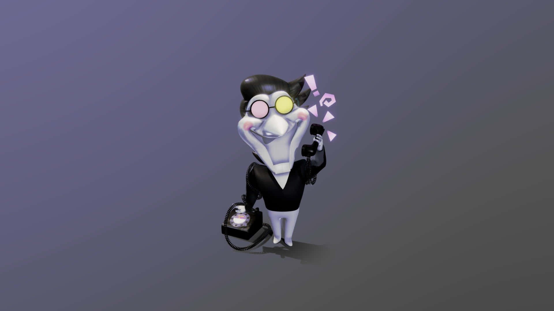 Spamton 桌布 壁紙 — 一個卡通風格的白角色，眼睛不對稱，黑髮，手持電話，粉紅色問號漂浮在頭部周圍。