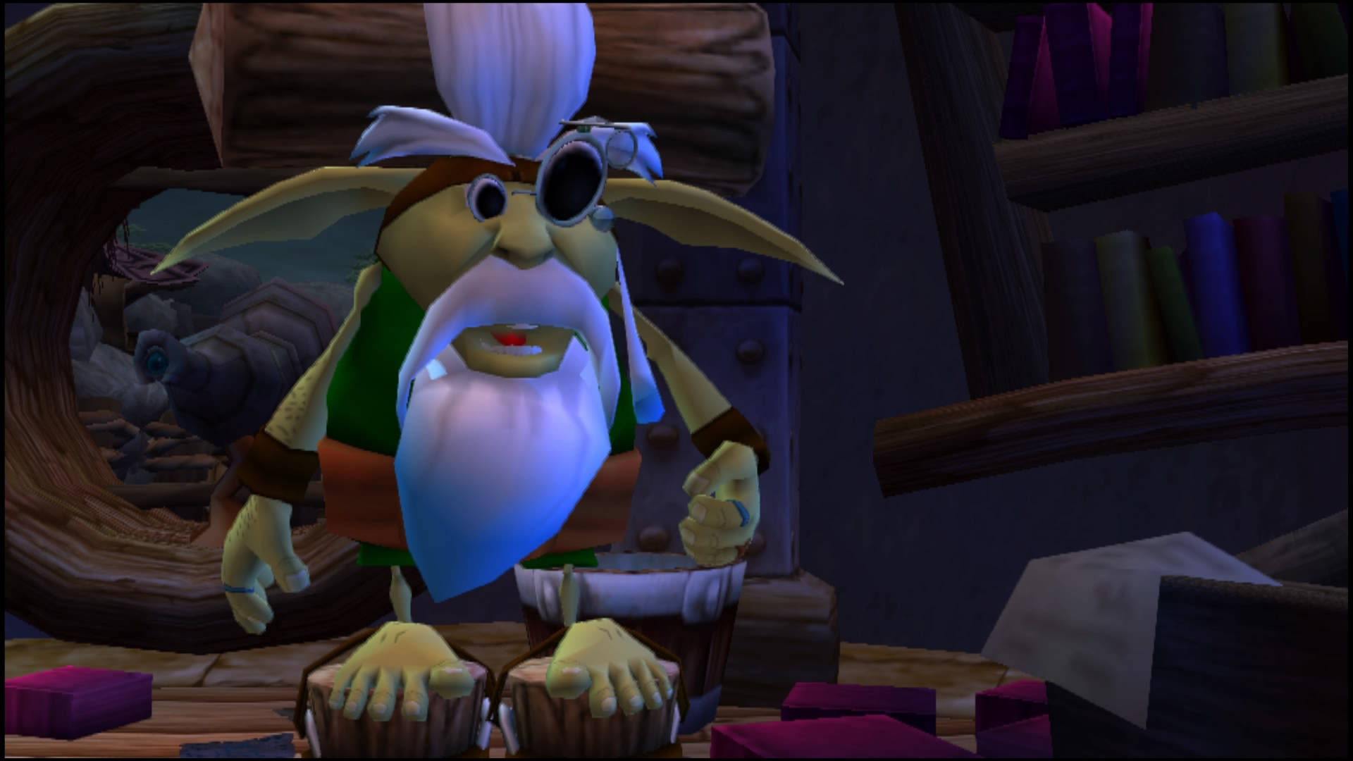 Jak 3 桌布 壁紙 — 一個卡通風格的白鬍子哥布林戴著護目鏡，在雜亂的工作坊中從木桶後面好奇地窺視。