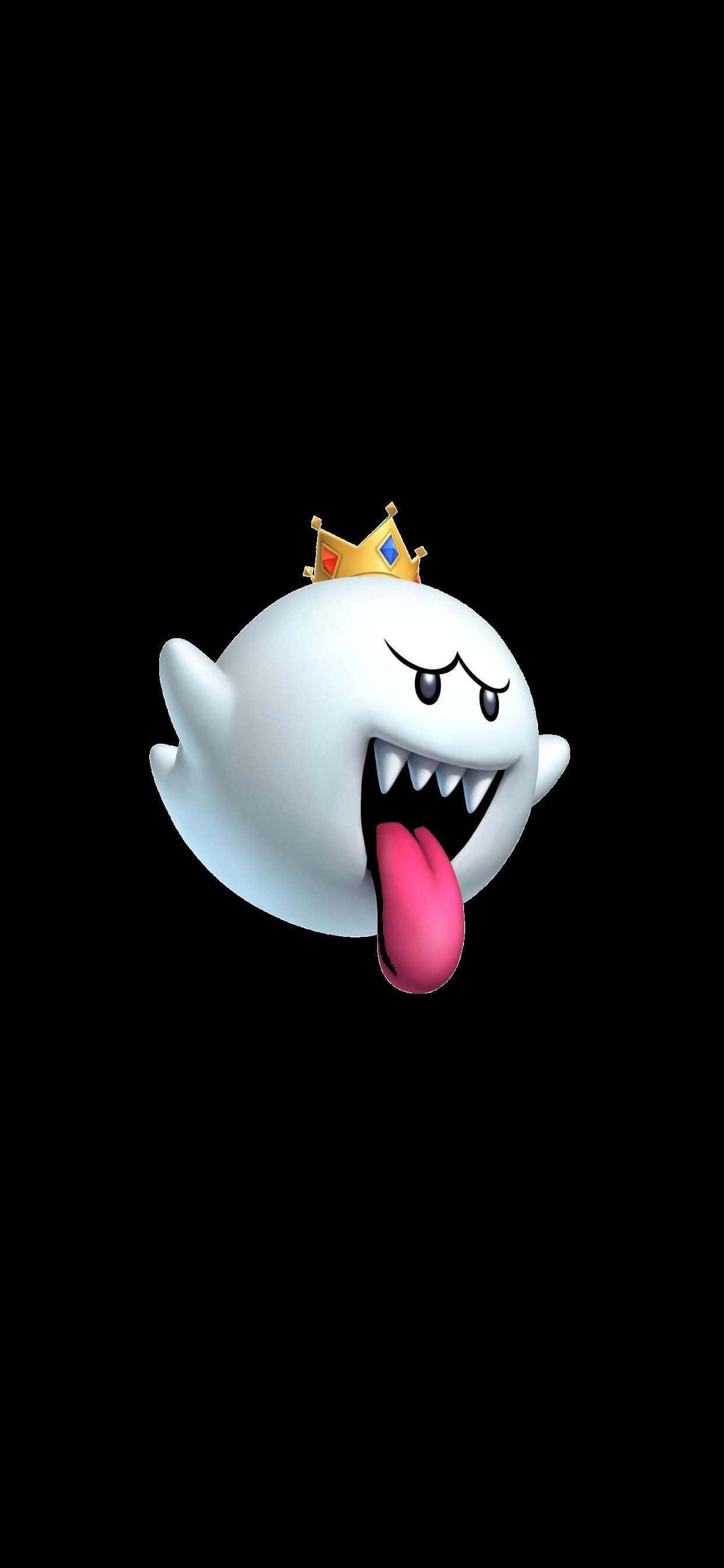 King Boo 桌布 壁紙 — 一個卡通風格的白鬼戴著金色皇冠，在黑色背景上伸出粉紅色的舌頭。