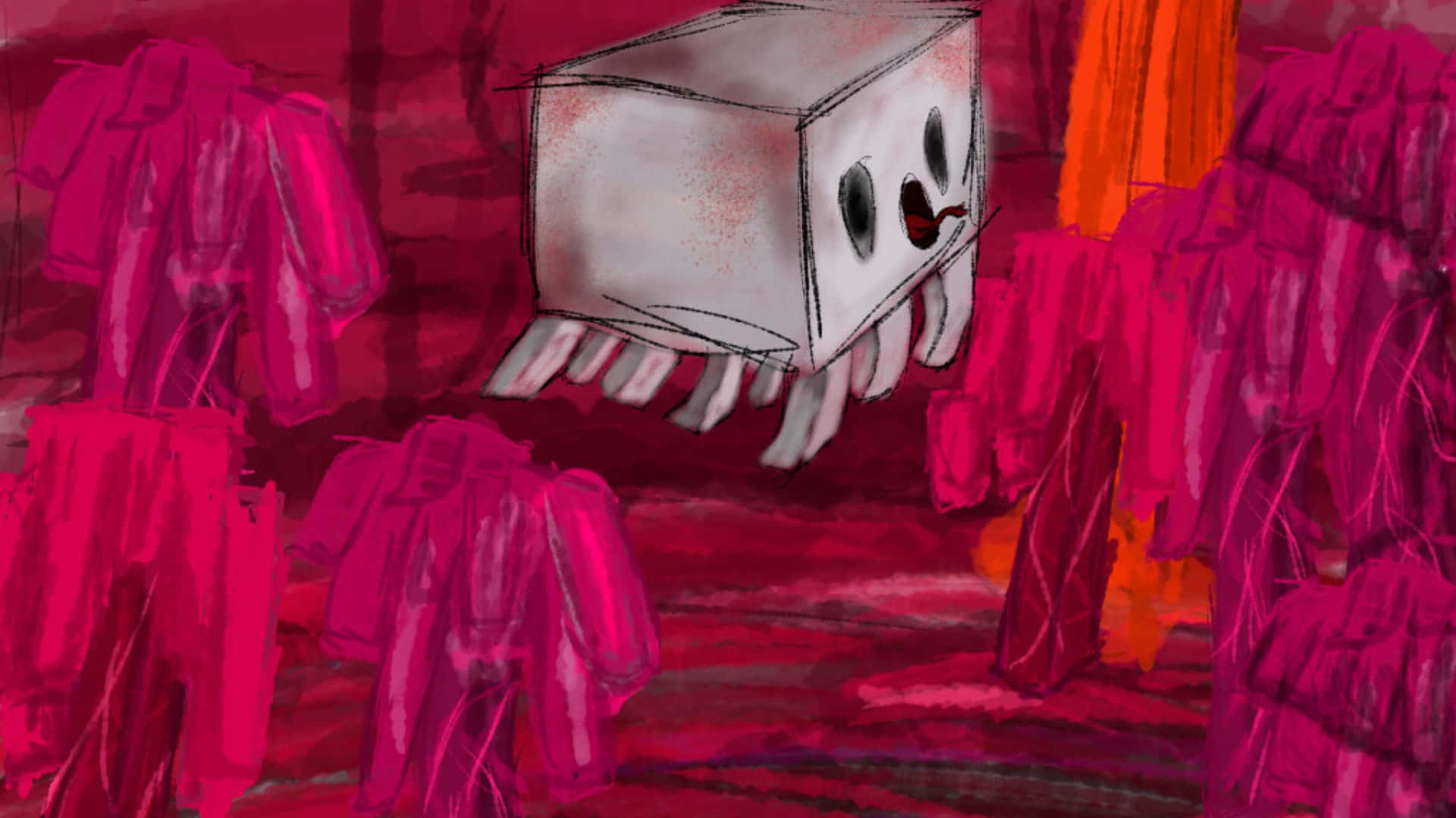 Minecraft Ghast 桌布 壁紙 — 一個卡通風格的盒狀生物，有凸眼和觸手，漂浮在抽象洋紅色形態之中，構成超現實數位畫作。