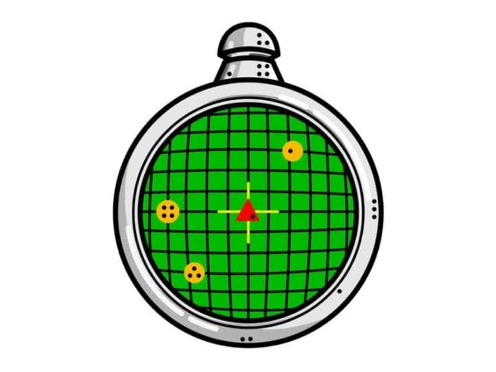 Dragon Radar 桌布 壁紙 — 一個卡通風格的瞄準鏡，帶有綠色網格和紅色十字準星，瞄準三個黃色點。
