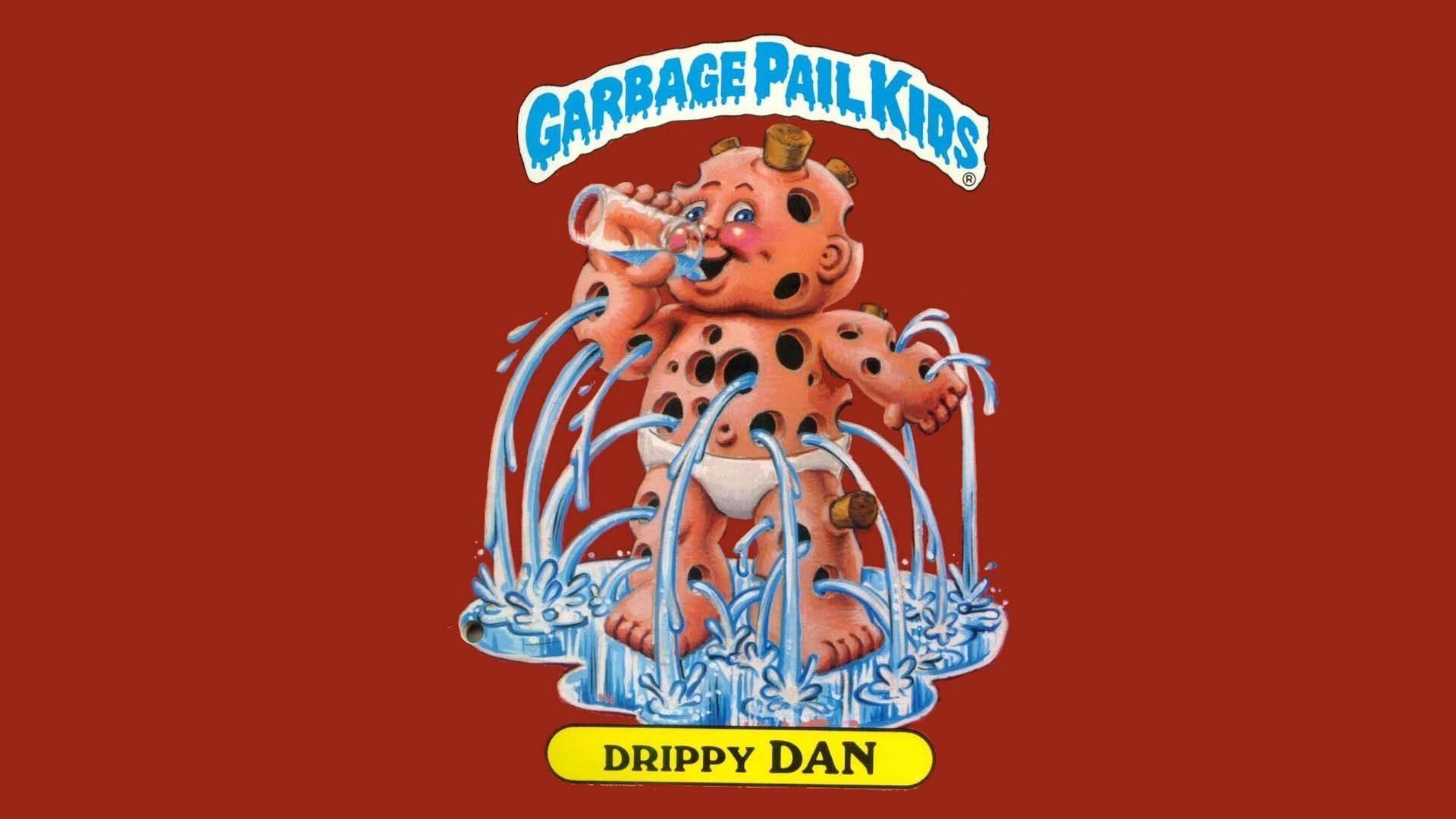 滴落感 桌布 壁紙 — 一個卡通風格的粉紅色斑點角色名叫 Drippy Dan，在純紅色背景上從身體的洞裡滴水。