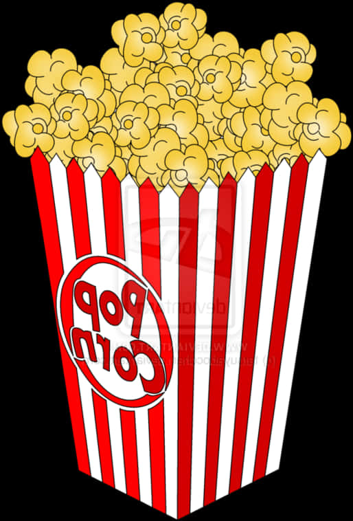 Popcorn Clipart 桌布 壁紙 — 一個卡通風格的紅白條紋爆米花桶，裝滿金黃色爆米花，背景為黑色。