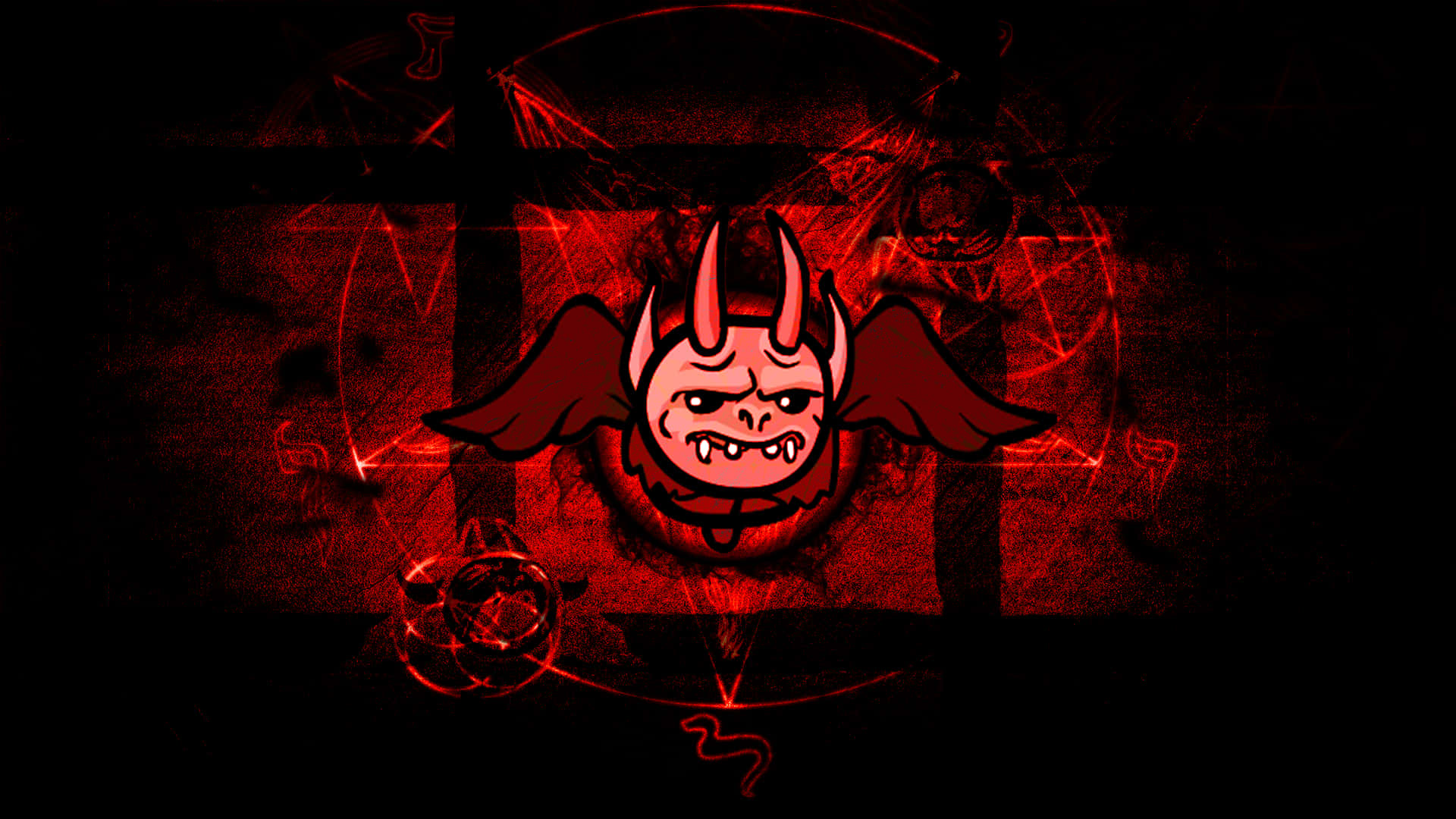 Krampus 桌布 壁紙 — 一個卡通風格的紅色惡魔，有角和翅膀，從充滿發光神秘符號的黑暗背景中怒視。