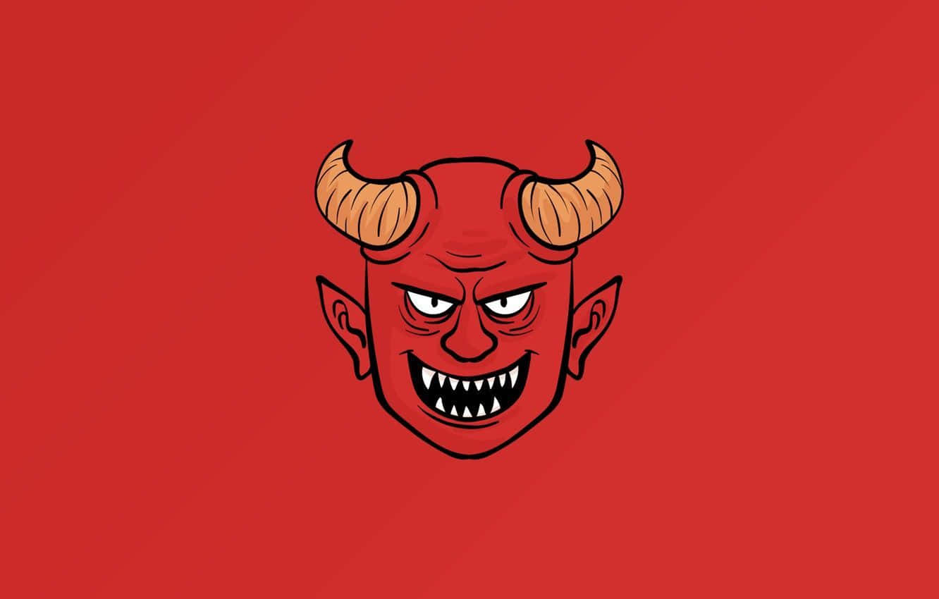 Devil Horns 桌布 壁紙 — 一個卡通風格的紅色魔鬼臉孔，長有角和尖牙，在純紅色背景上憤怒地瞪視。