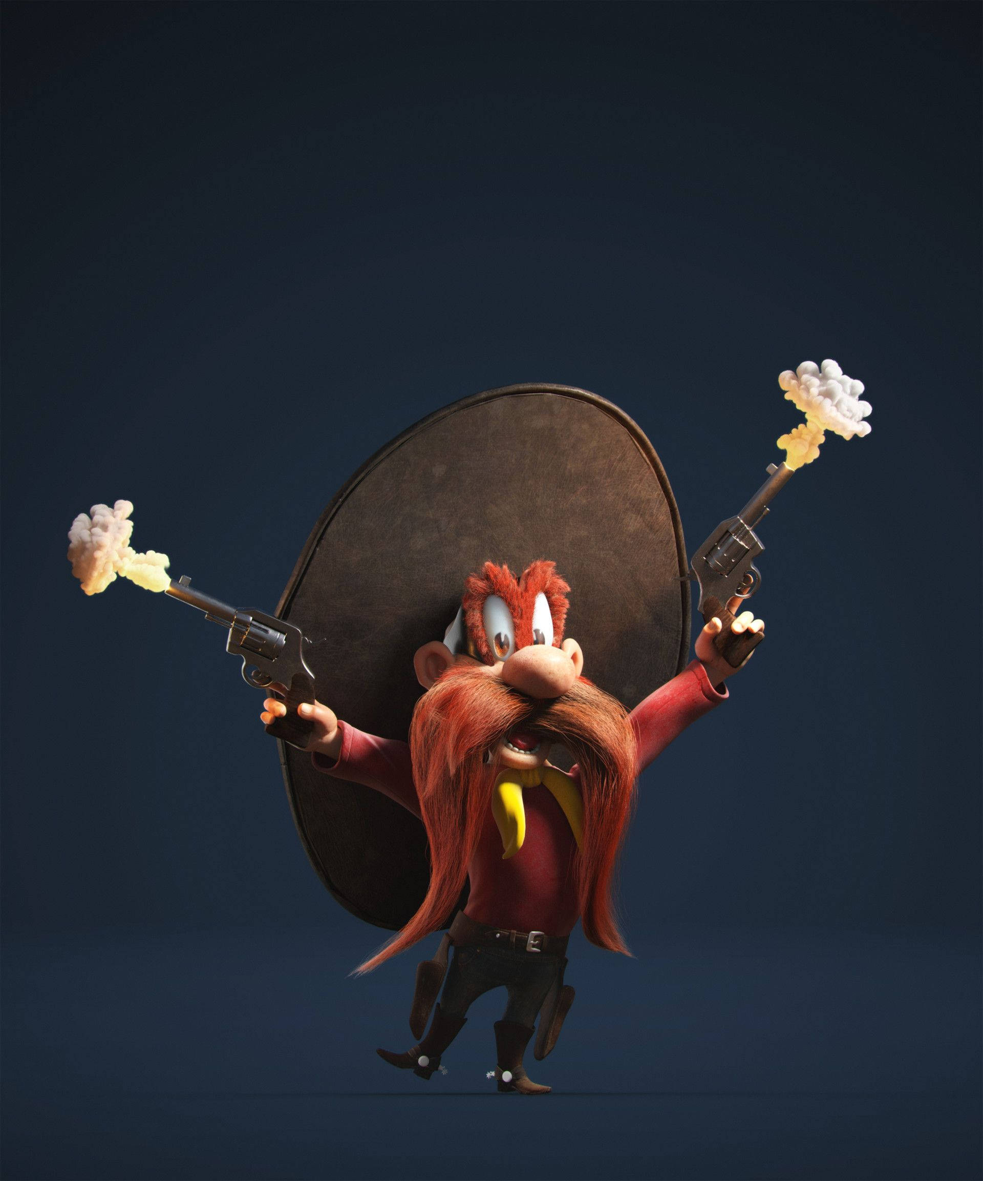 Yosemite Sam 桌布 壁紙 — 一個卡通風格的紅髮強盜戴著大闊邊帽，在深藍色背景下發射兩把左輪手槍。