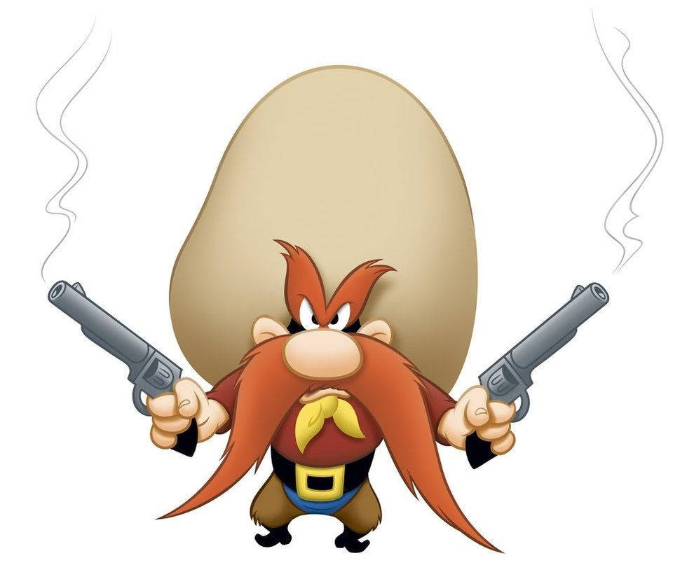 Yosemite Sam 桌布 壁紙 — 一個卡通風格的紅髮長鬍鬚歹徒，站在一個巨型雞蛋前，手持兩把冒煙的左輪手槍。