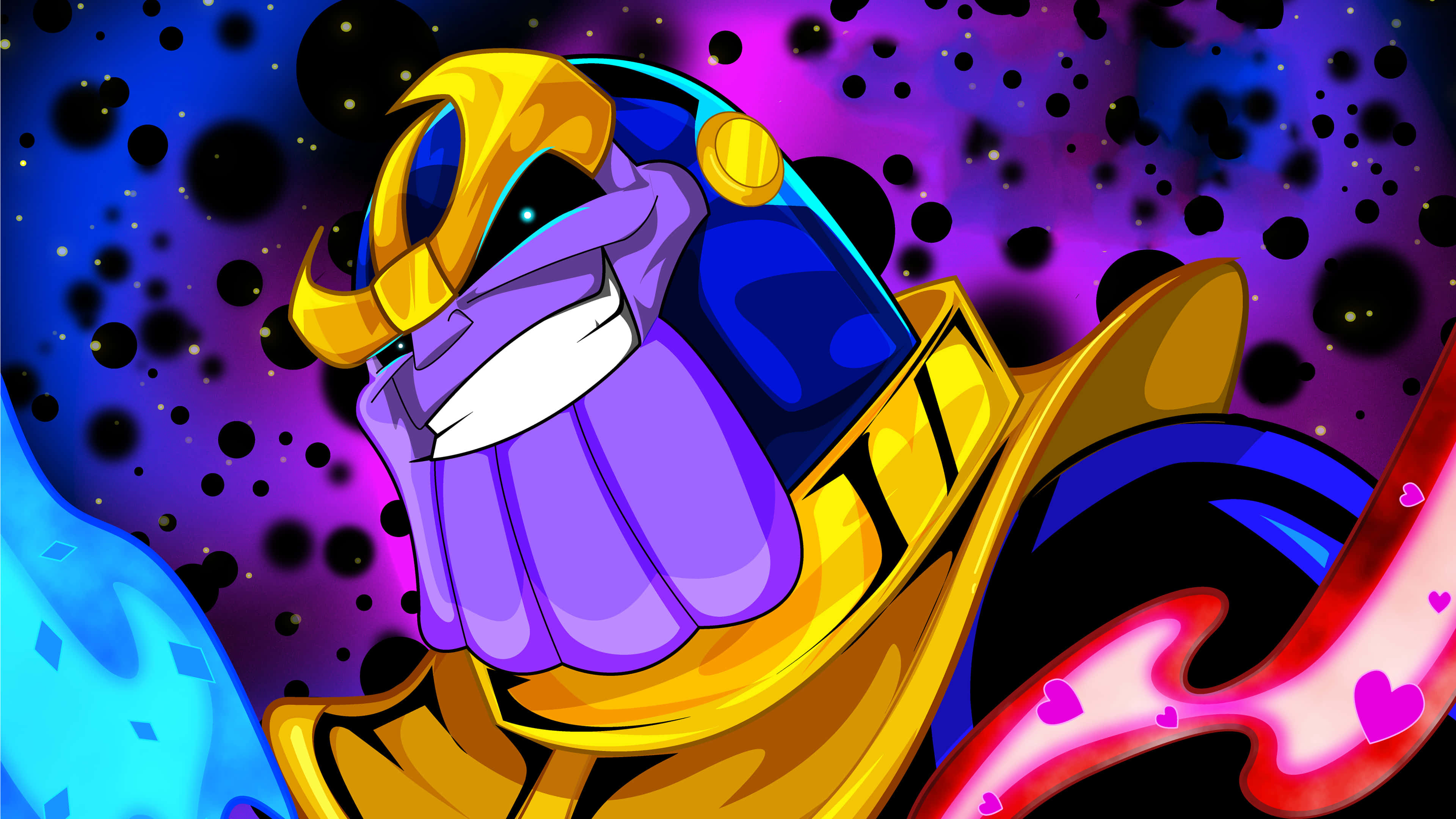 Thanos 桌布 壁紙 — 一個卡通風格的紫色反派，戴著金色頭盔和盔甲，在宇宙紫色和藍色星空的背景下露出威脅性的微笑。