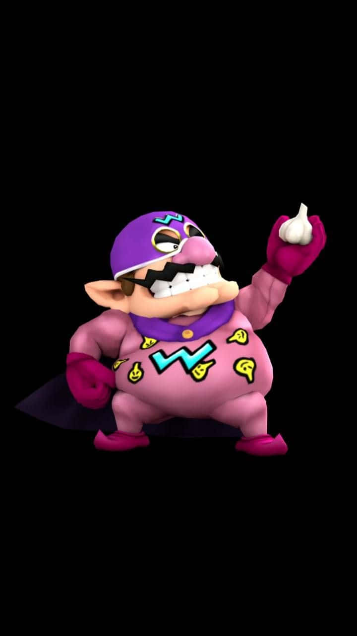 wario 桌布 壁紙 — 一個卡通風格的紫色反派，手裡拿著一個大蒜球莖，自信地站在黑色背景前。
