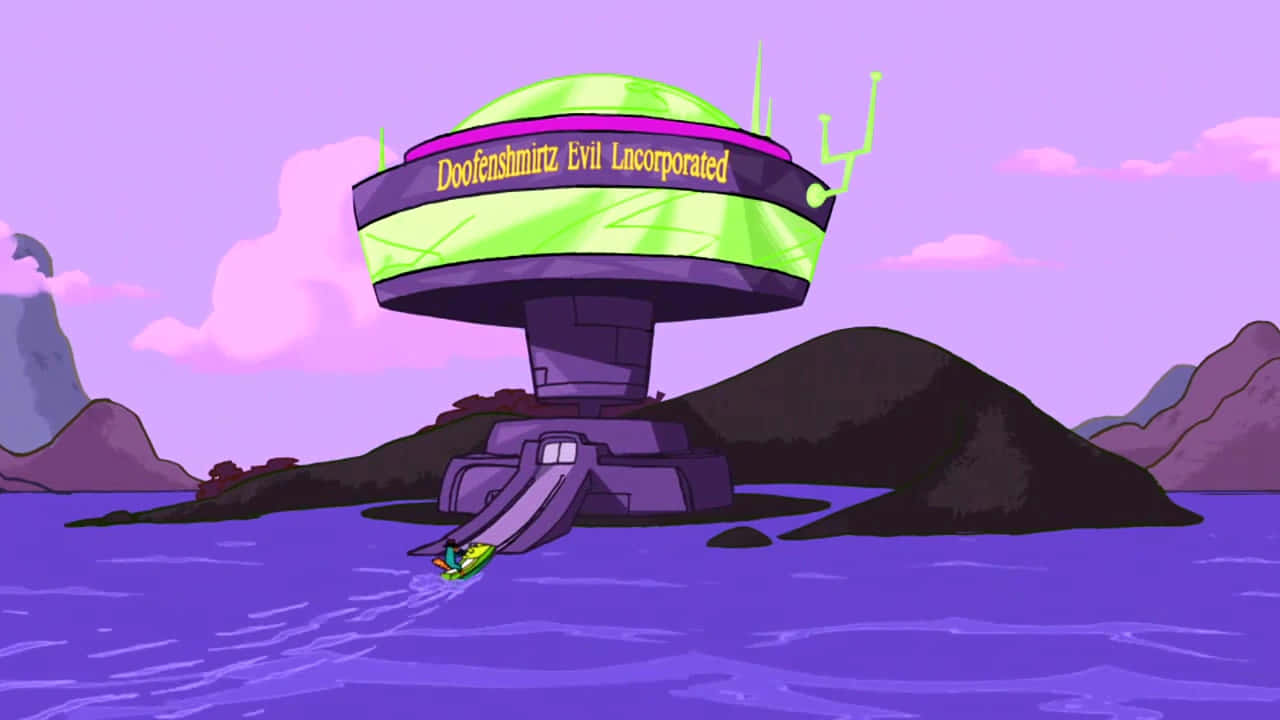 Phineas And Ferb 桌布 壁紙 — 一個卡通風格的紫色和綠色巢穴，標有 'Doofenshmirtz Evil Incorporated'，位於粉紅色天空下紫色水中的一個黑暗島嶼上。