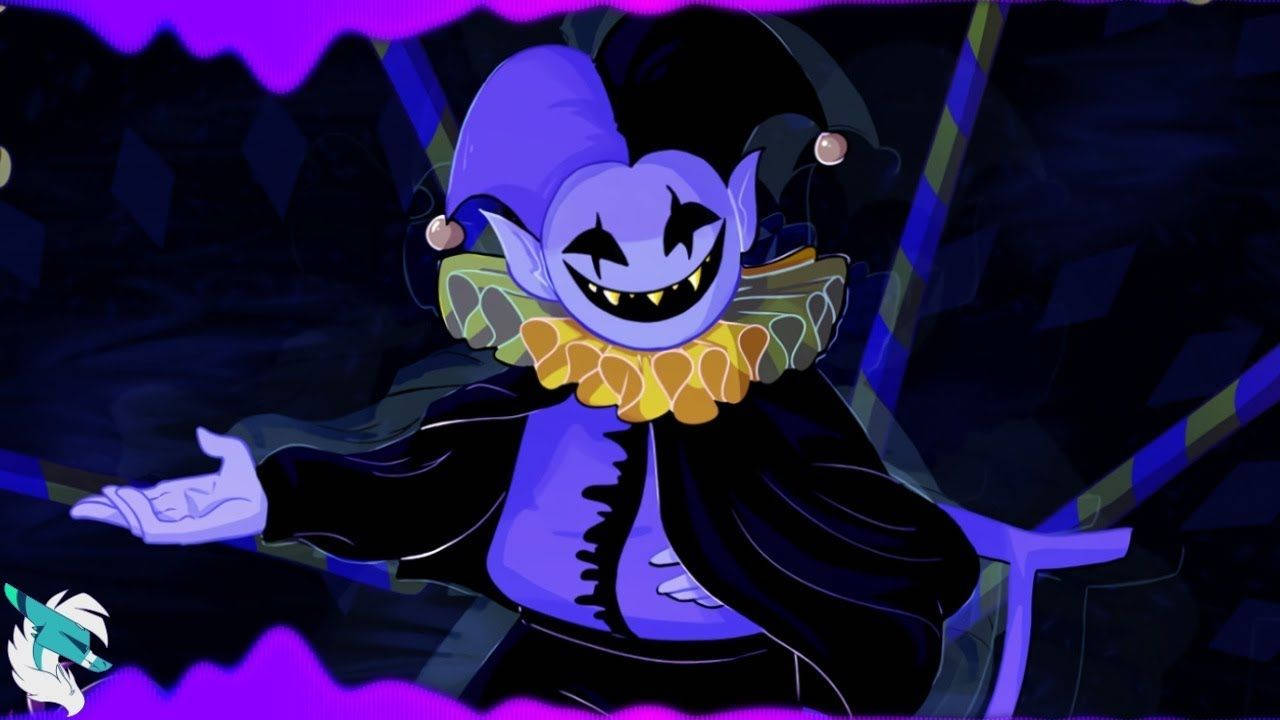Deltarune 桌布 壁紙 — 一個卡通風格的紫色小丑，有著南瓜燈臉和黃色皺領，站在深色幾何背景前，帶有發光的紫色點綴。