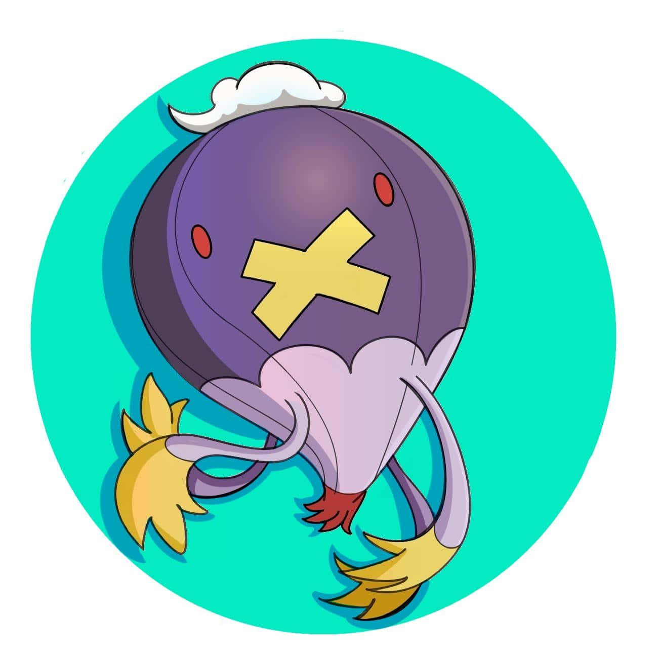 Pokemon Aesthetic 桌布 壁紙 — 一個卡通風格的紫色氣球寶可夢，帶有黃色十字和紅色眼睛，漂浮在帶有白色雲朵的藍綠色圓形背景上。