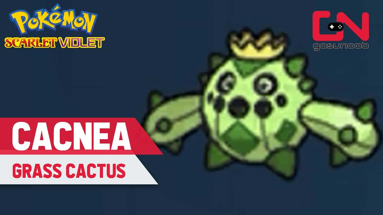 Cacnea 桌布 壁紙 — 一個卡通風格的綠色仙人掌寶可夢名叫Cacnea，戴著皇冠，有尖刺手臂，背景是深藍色。