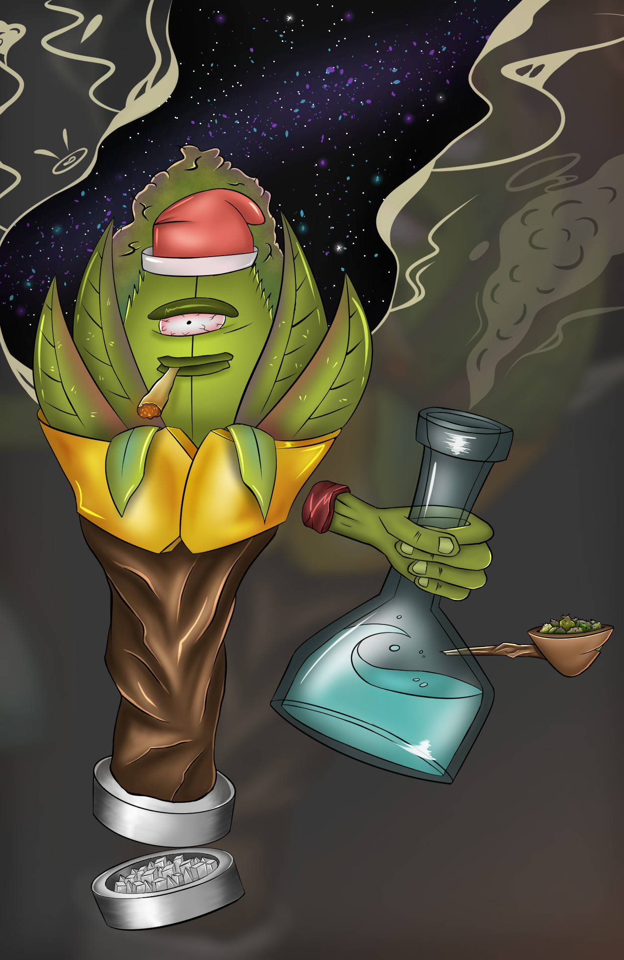 Cartoon Weed 桌布 壁紙 — 一個卡通風格的綠色仙人掌戴著聖誕帽，在星空下抽著大麻煙並拿著水煙壺。